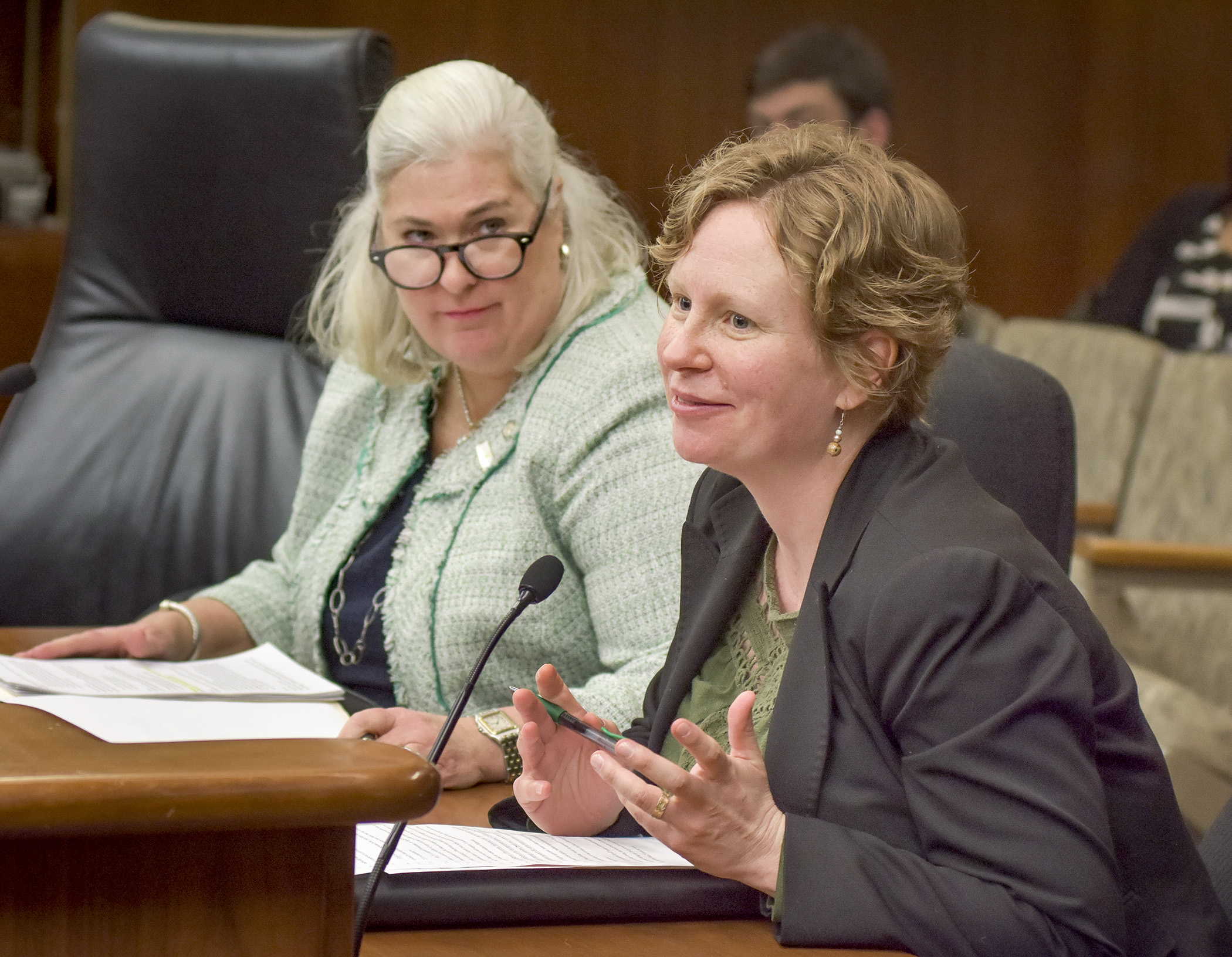 Annie Welch, director of the Dislocated Worker and Trade Adjustment Assistance Programs for the Department of Employment and Economic Development, answers a question March 15 during House Job Growth and Energy Affordability Policy and Finance Committee discussion of a bill sponsored by Rep. Kelly Fenton, left, that would modify the dislocated worker program. Photo by Andrew VonBank